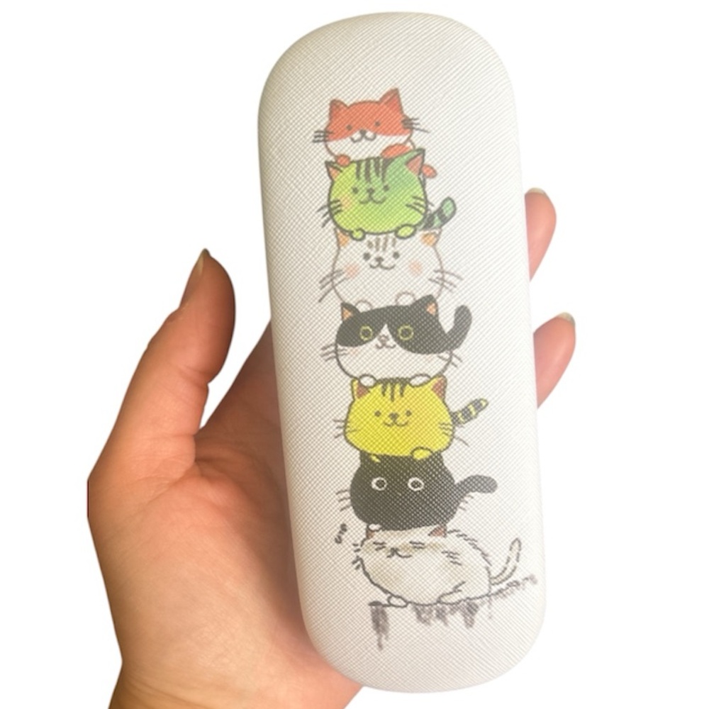 Charming Cat Glasses Case - White with Multicolor Cats